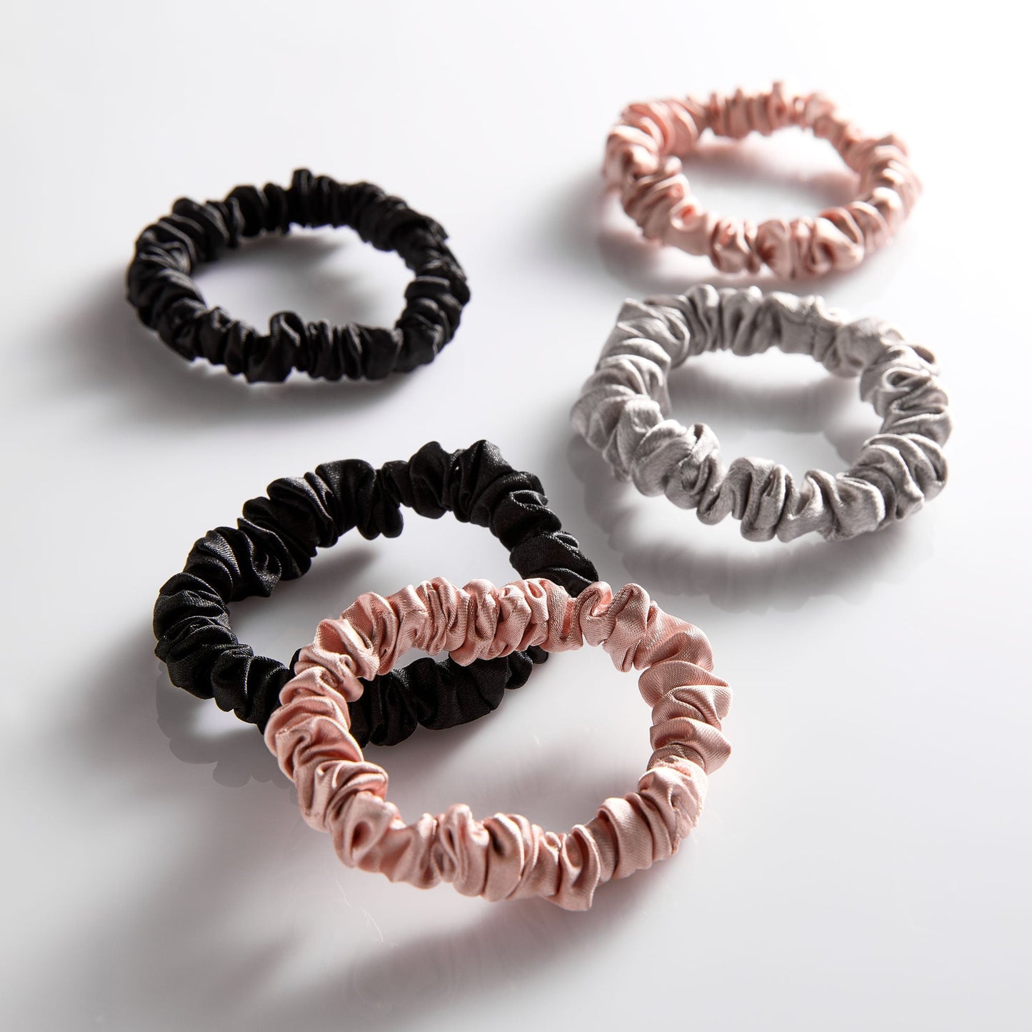 SLIM SATIN HAIR SCRUNCHIES (5 pack - Blush, Black, Gray)