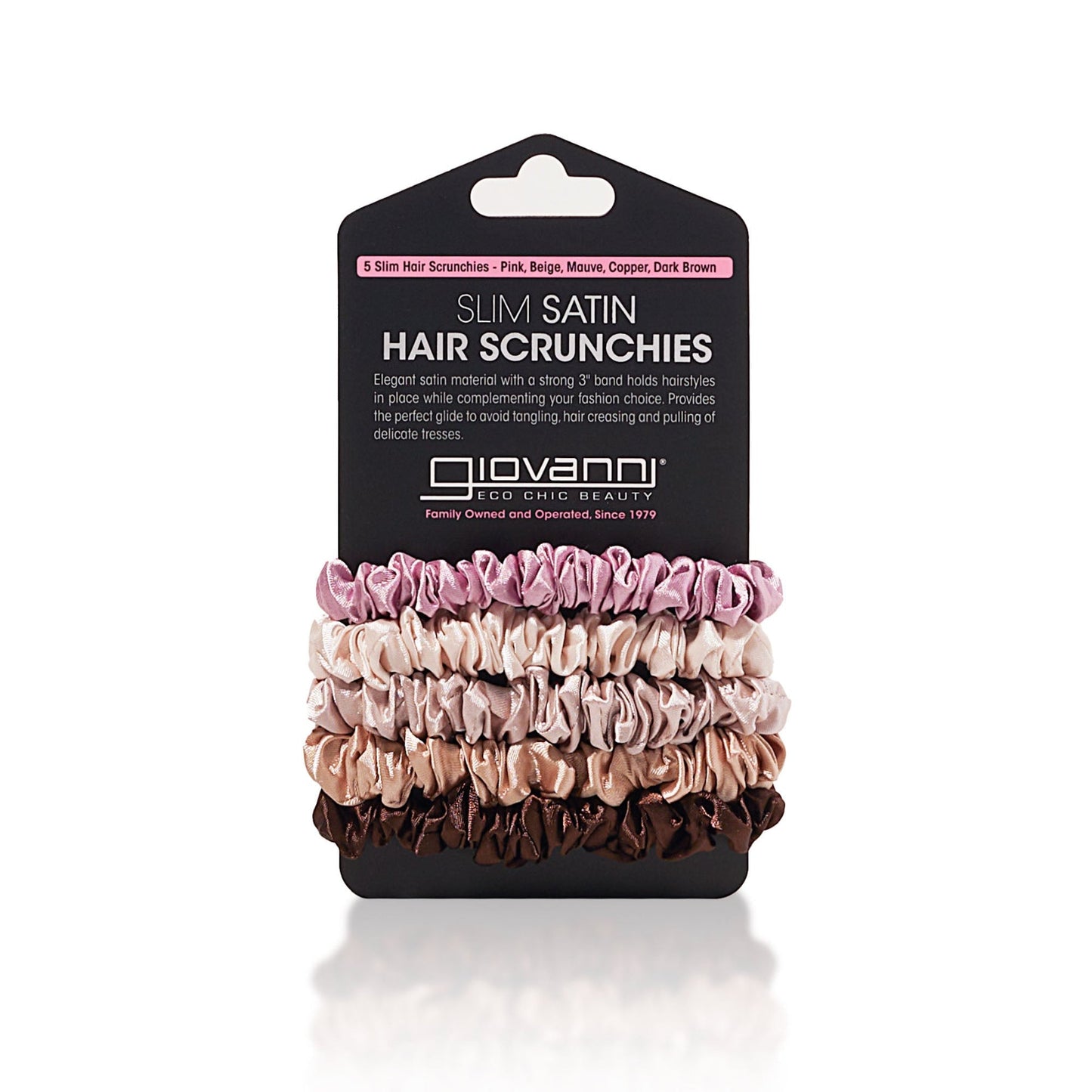 SLIM SATIN HAIR SCRUNCHIES (5 pack - Pink, Beige, Mauve, Copper, Dark Brown)
