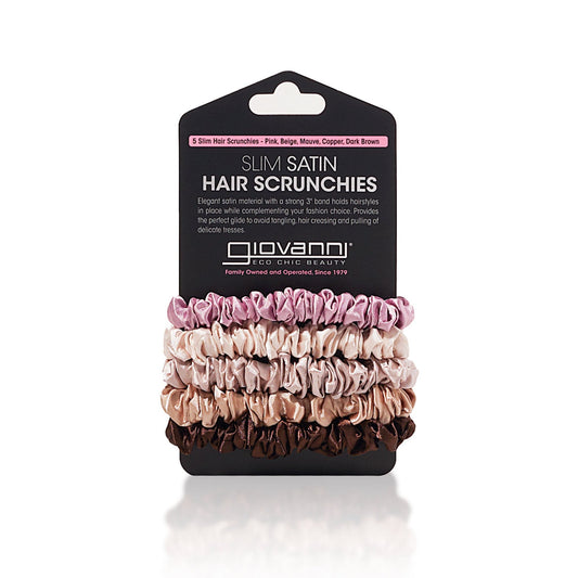 SLIM SATIN HAIR SCRUNCHIES (5 pack - Pink, Beige, Mauve, Copper, Dark Brown)